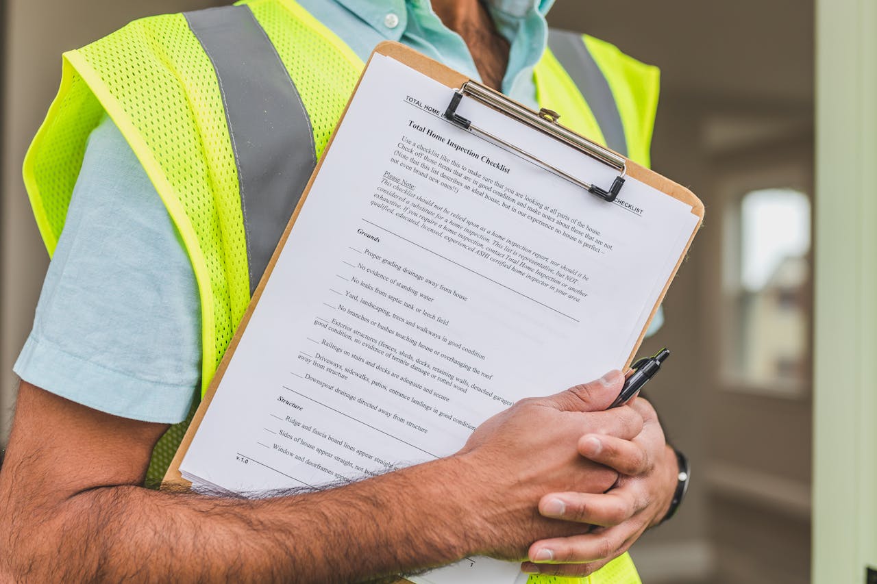 Crafting Captivating Headlines: Your awesome post title goes here Close-up of home inspector holding a checklist on a clipboard with a pen.